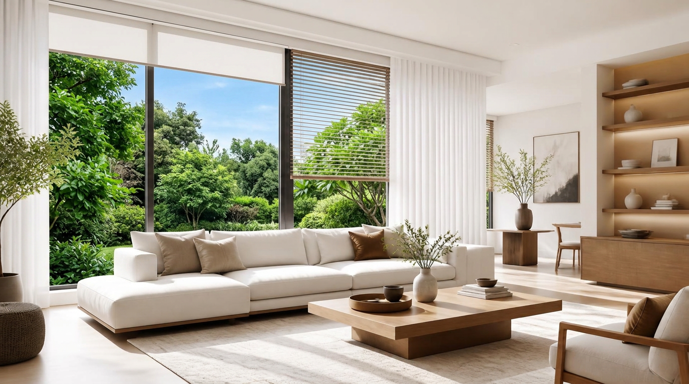 Sala de estar decorada com cortinas de linho sob medida e persiana de madeira